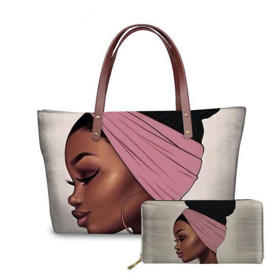 Luxury Design Handbags Ladies Women Black Art African Girl Printing 2pcs/set Hand Bag&Wallet Females